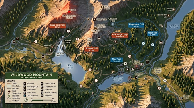 design custom rv park map, ampground map, resort map and tourist navigation map