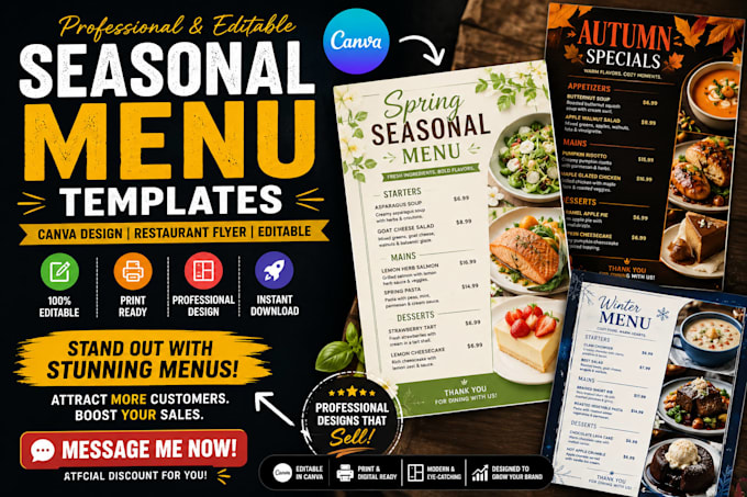 create seasonal menu templates, canva design, restaurant flyer, editable