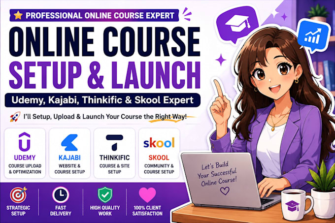 setup udemy website community, thinkific and kajabi setup, website course upload