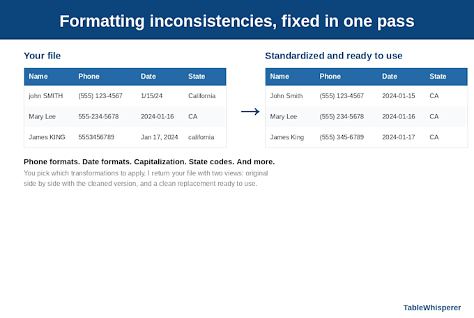 standardize phone, date, address, and name formatting in your data