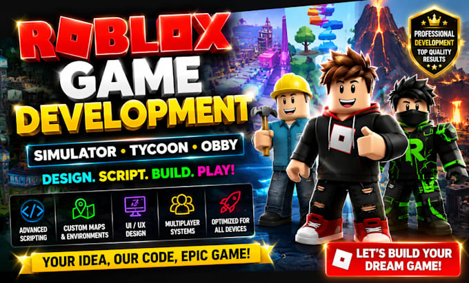 develop your full roblox game, roblox simulator, tycoon, or tower defense game