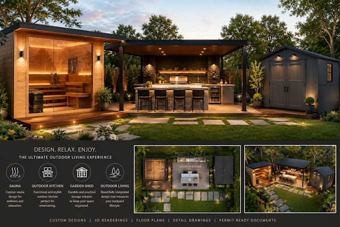 design  carport, outdoor living space , sauna and tiny house