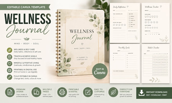 design professional wellness journal selfcare planner workbook editable in canva