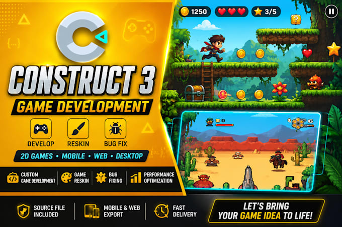 develop 2d game, html5 ,construct 3 games, bug fix and reskin games in construct