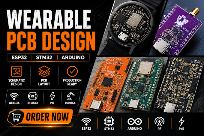 do wearable pcb design, esp32 stm32 arduino, wirelesss pcb, poe, rf and robotics