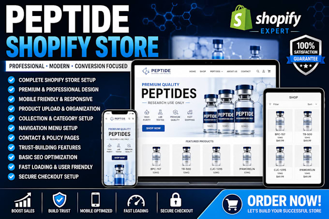 create a modern shopify store for peptide products store redesign, peptide ecomm