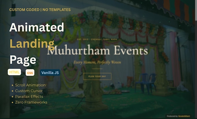 build a custom animated landing page using HTML CSS and javascript