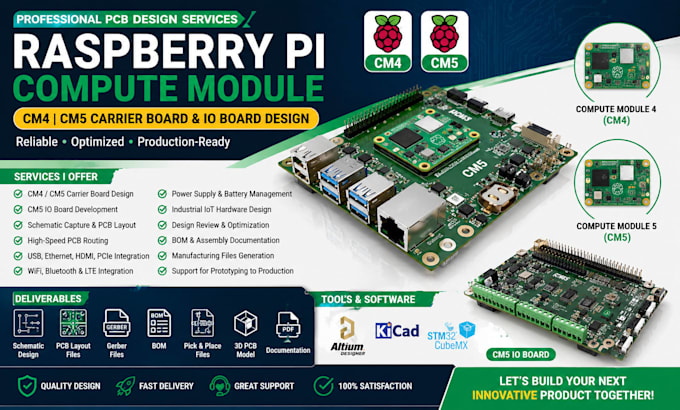 design pcb for raspberry pi compute module cm4 cm5, carrier board, cm5 io board