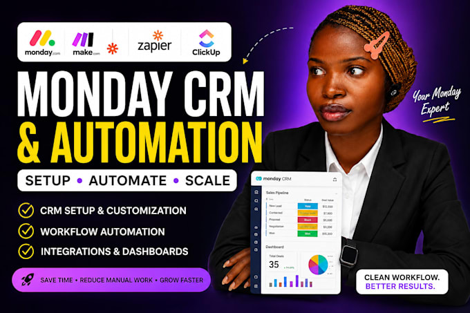 setup monday CRM automation workflow zapier zoho make com n8n project management