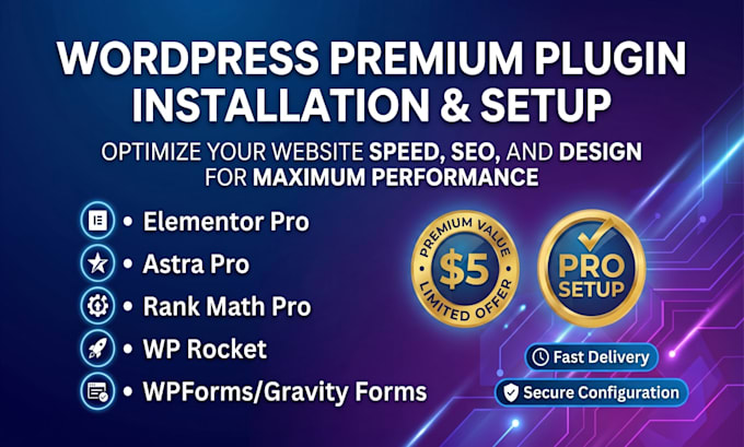 install elementor pro, astra pro rank math pro, wp rocket, wpform, gravity form