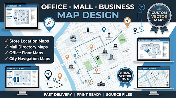 design office map, mall map, store location, business map and city map