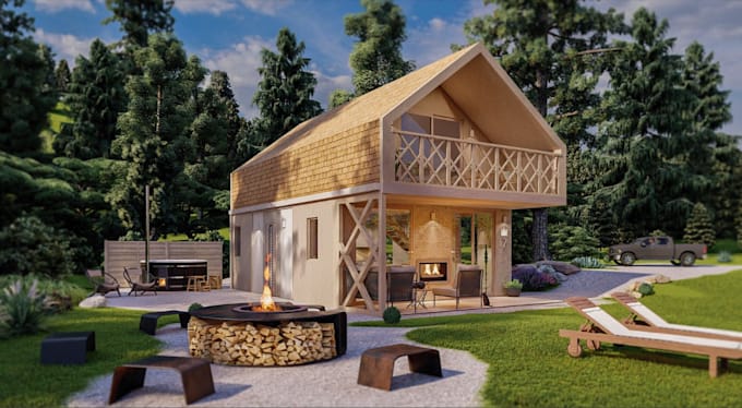 renew 3d cabin house exterior,chalet interior cgi render, rustic interior design
