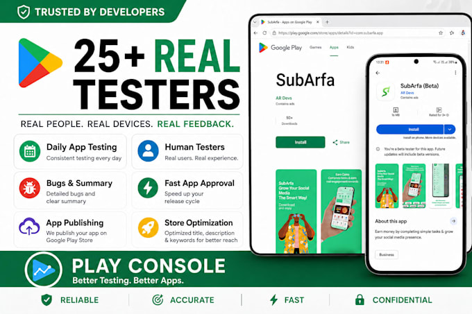 test app with 25 testers and publish on play store ios