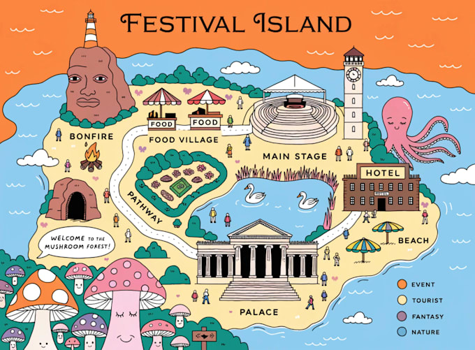 make event, tourist, and fantasy map illustration