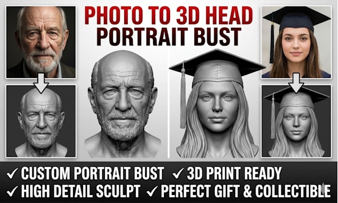 sculpt realistic 2d to 3d head bust head model photo to 3d sculptor stl printing