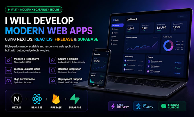 develop a modern web app using next js, reactjs, firebase and supabase