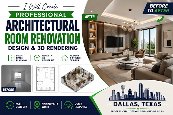 create professional architectural room renovation design 3d rendering dallas