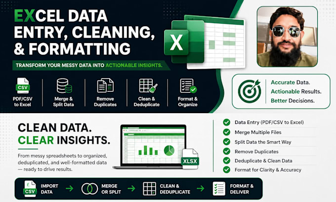 perform excel data cleaning, formatting and organizing