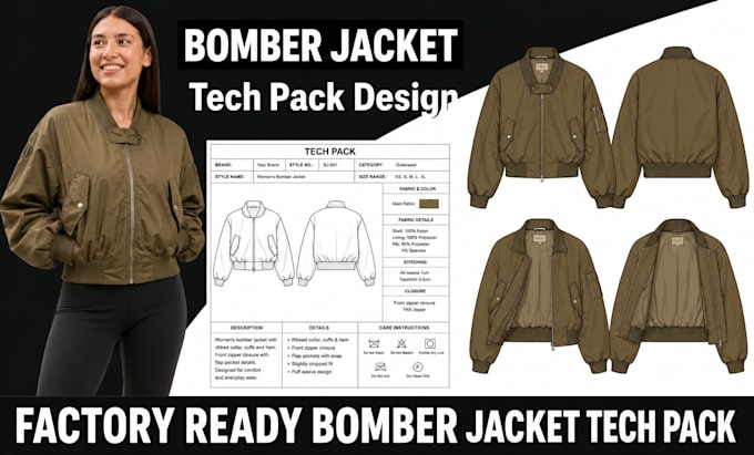 create manufacturer ready bomber jacket tech pack for clothing brands