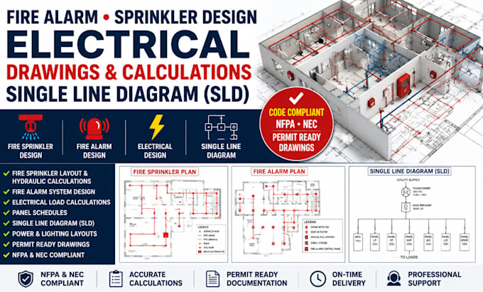 create fire alarm sprinkler design electrical drawings, calculations sld drawing