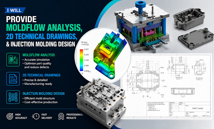 provide moldflow analysis, 2d technical drawings, and injection molding design