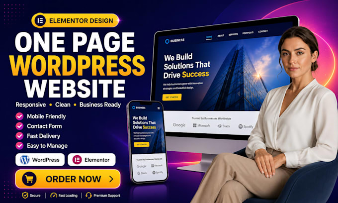 design one page wordpress website with elementor, one page wordpress website