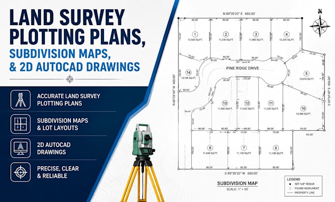 create land survey plotting plans, subdivision maps, and 2d autocad drawings