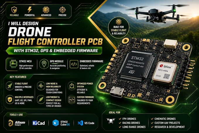 design drone flight controller pcb with stm32, gps and embedded firmware