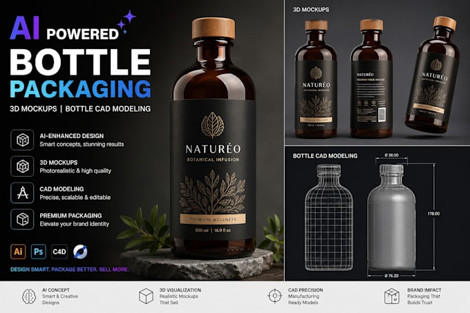 create ai powered bottle packaging 3d mockups bottle cad modeling