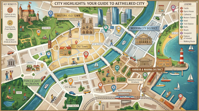 create tourist map, travel map, city map, destination map and visitor map design
