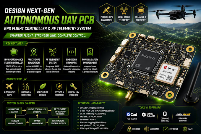 design autonomous uav pcb, gps flight controller and rf telemetry system