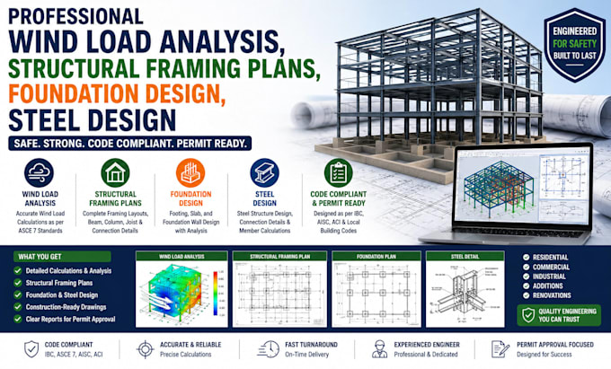 provide wind load analysis structural framing plans foundation steel design