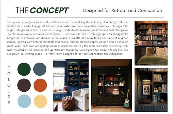 provide edesign concept with mood board and shopping list