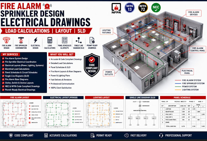 create fire alarm sprinkler design electrical drawing load calcs, layout and sld