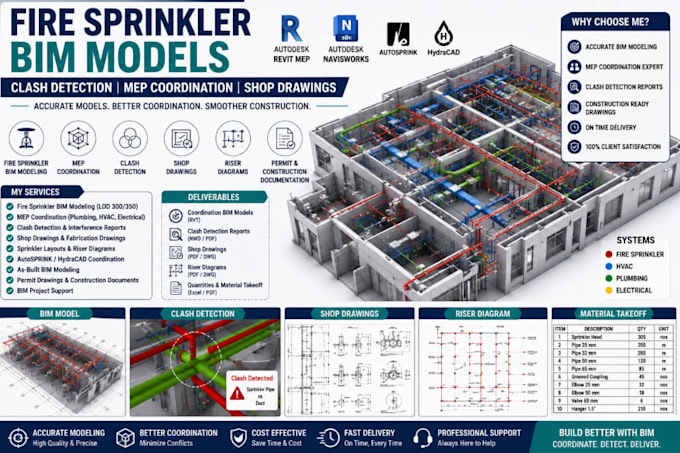 create fire sprinkler bim models, clash detection mep and shop drawings