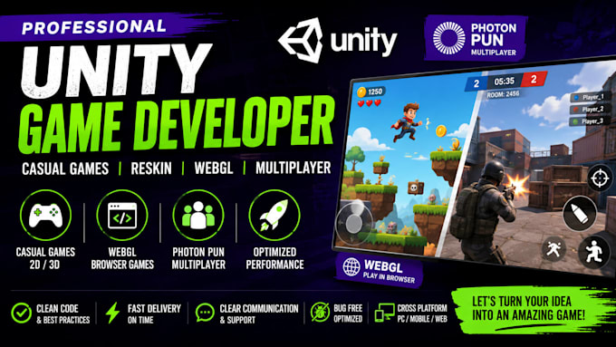 develop unity multiplayer game, photon pun game, and webgl browser game