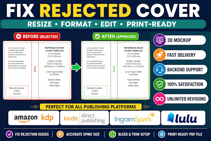 resize, fix, edit format amazon KDP ingramspark lulu paperback book cover design