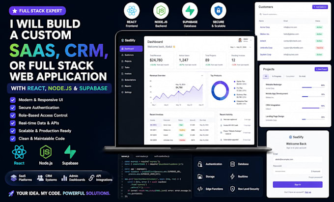 build a custom saas, CRM, or full stack web application with react, node js