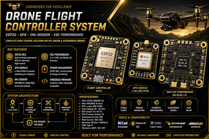 design drone flight controller pcb with esp32, gps imu sensor and esc powerboard