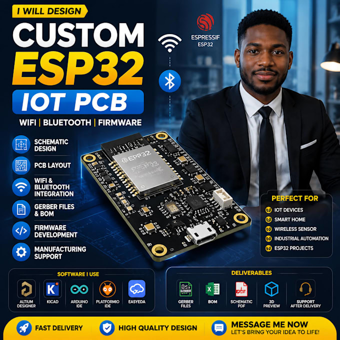 design custom esp32 iot pcb with wifi bluetooth and firmware