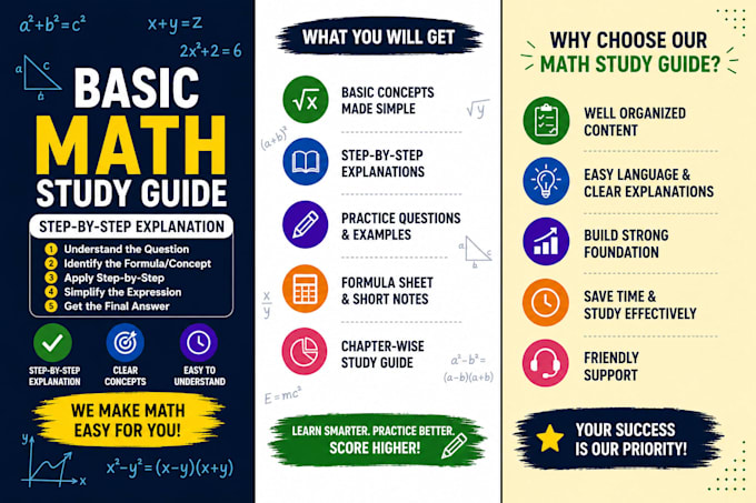 create math study guides and step by step written explanations