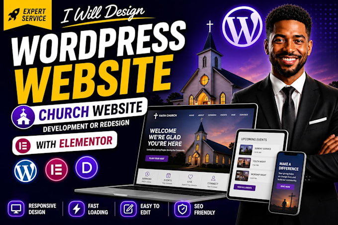 design wordpress webseite development, church website or redesign with elementor