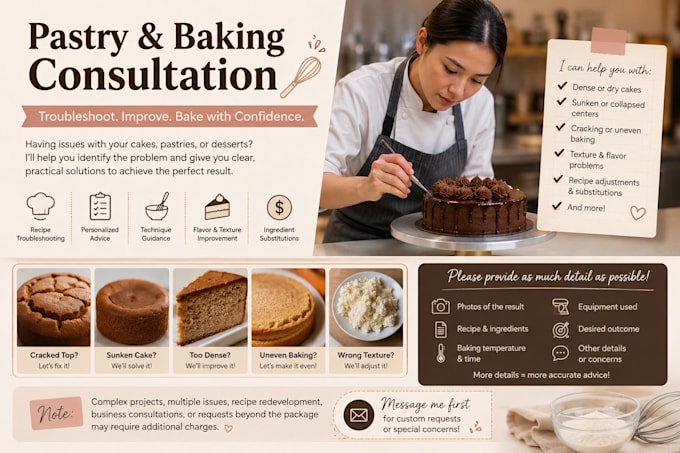 provide pastry and baking consultation and recipe troubleshooting