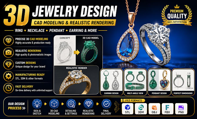 do 3d jewelry design cad modelling realistic rendering for ring necklace