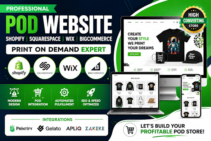 build shopify squarespace wix bigcommerce printify gelato pod website