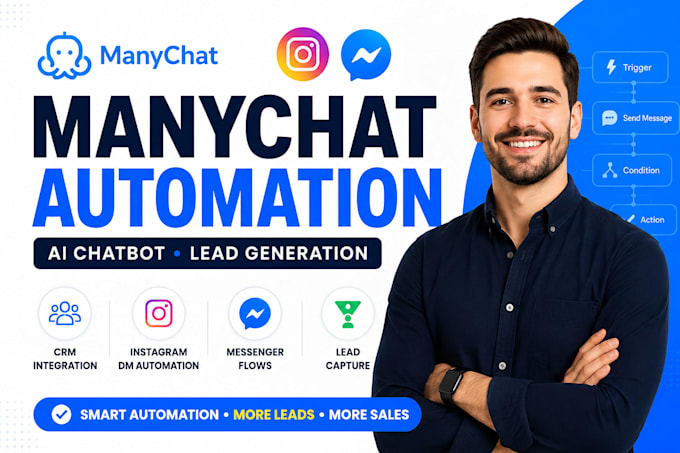 build manychat automation, ai chatbot, CRM and lead generation flows