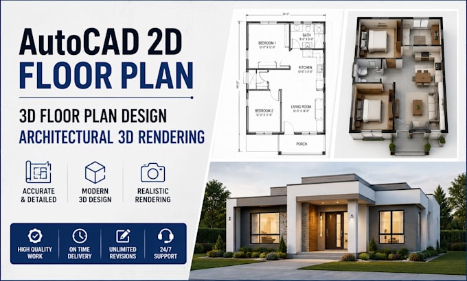 do autocad 2d floor plan, 3d floor plan design and architectural 3d rendering