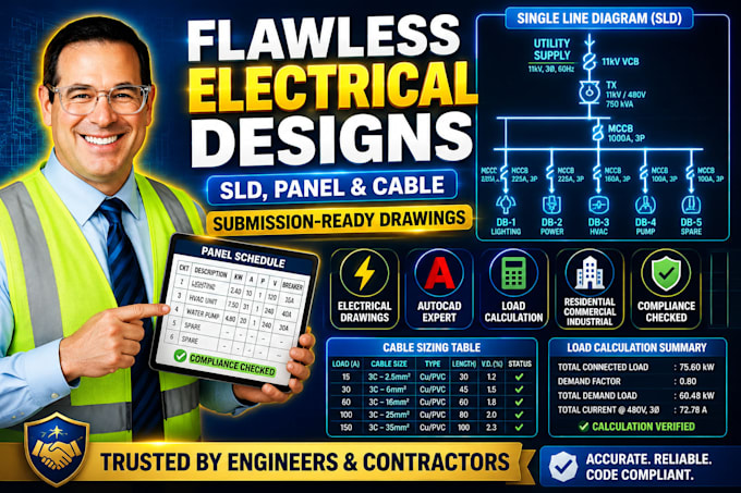 design electrical drawings, single line diagram, panel schedule and cable sizing