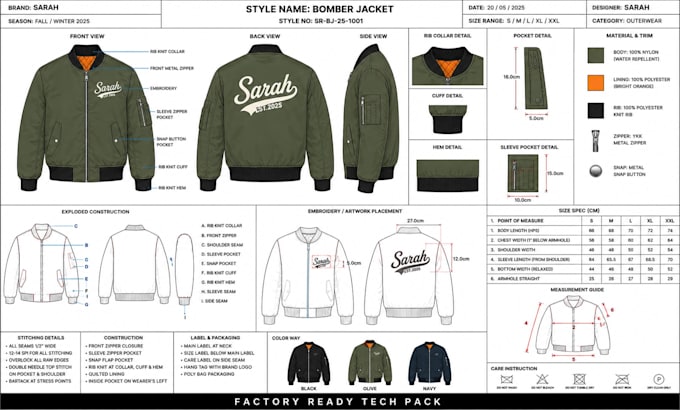 create tech pack for varsity, bomber and leather jackets for manufacturing