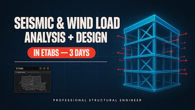 do seismic, wind load analysis and structural design in etabs in 3 days